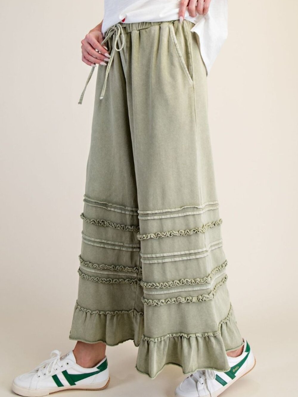 EASEL RUFFLED SAGE COTTON PANTS - Picture 2 of 2